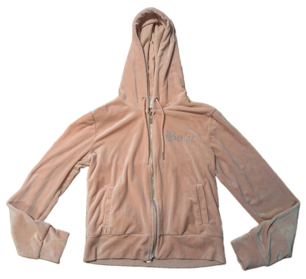 Y2K No Boundaries Pink Velour Rhinestone Babe Zip Hoodie S